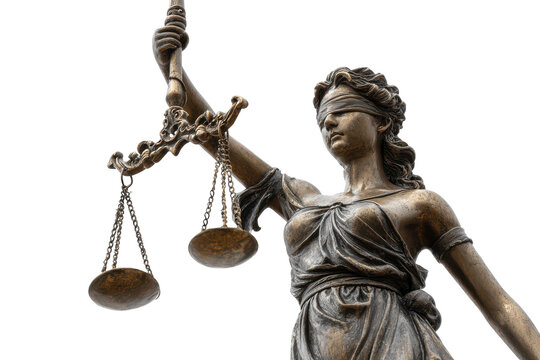 The symbol of justice blindfolded lady holding the scales isolated on transparent background. Bronze statue of Lady Justice holding scales and sword isolated on white background.