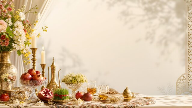 Parsi New Year Banner with Festive Table Setting and Pomegranate for Navroz Celebration