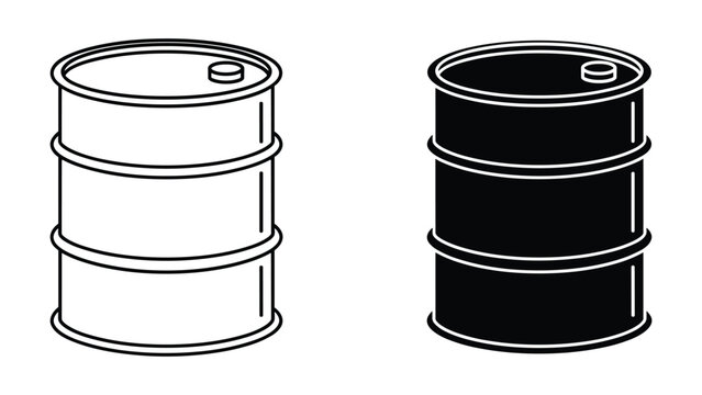 Set of two oil drums, white and black vector icons isolated on white background