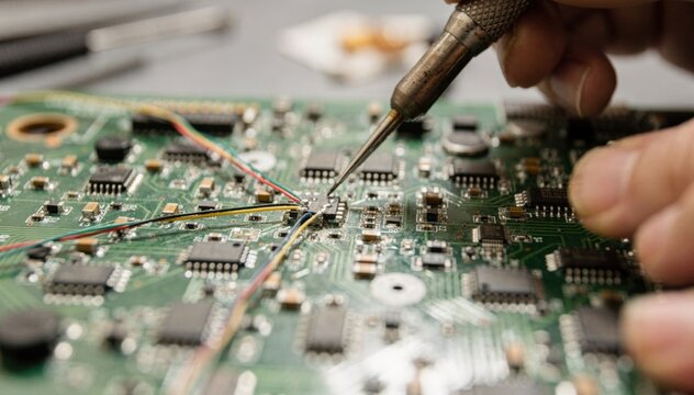 Closeup of prototype board repair with jumper wires being installed technician using precision tools under bright workshop lighting to restore connectivity.
