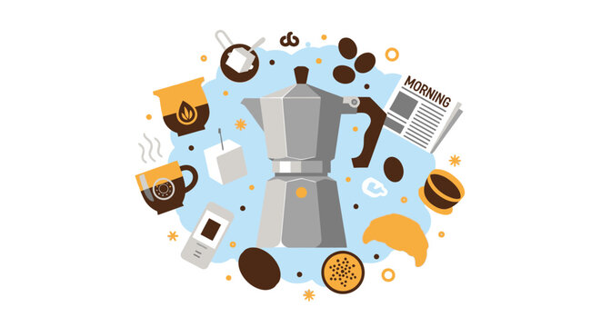 Modern Flat Vector Illustration of Coffee Morning Routine with Moka Pot, Croissant, and Newspaper