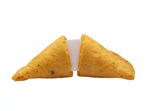 Fortune cookie halves with paper inside, isolated on white background