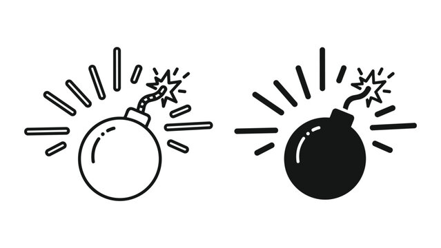 Set of cartoon bomb icons, black and white line art and silhouette style, explosive device with burning fuse, vector illustration isolated on white background