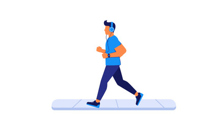 Fototapeta premium Man Running and Jogging with Headphones and Smartwatch Flat Vector Illustration. Fitness, Health, and Active Lifestyle Concept Isolated on White