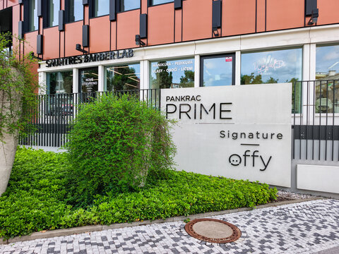 Prague, Czech republic - June 4, 2026: Pankrac prime signature offy building exterior with greenery