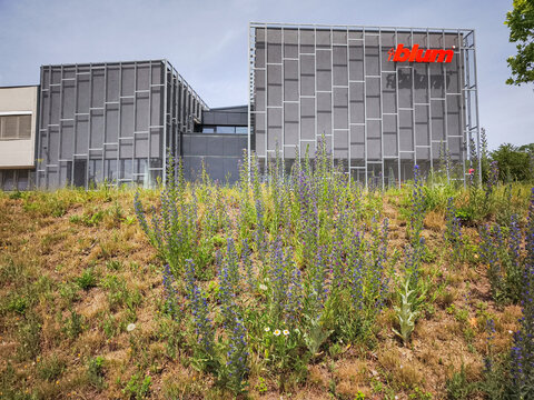 Prague, Czech republic - June 4, 2026: Blum company building with wildflowers in prague