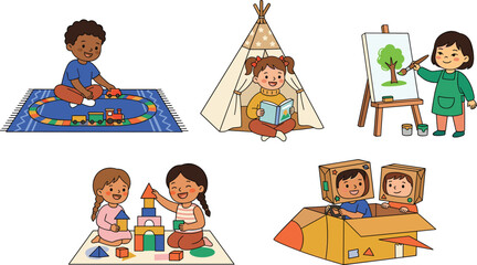 Kids Creative Play Activities Collection Vector Set with Children Building Blocks Reading Painting Pretend Play and Indoor Learning Illustrations © MdMunzurul