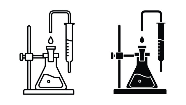 Laboratory equipment icon set, chemical experiment setup with erlenmeyer flask, stand, and syringe, vector illustration isolated on white background