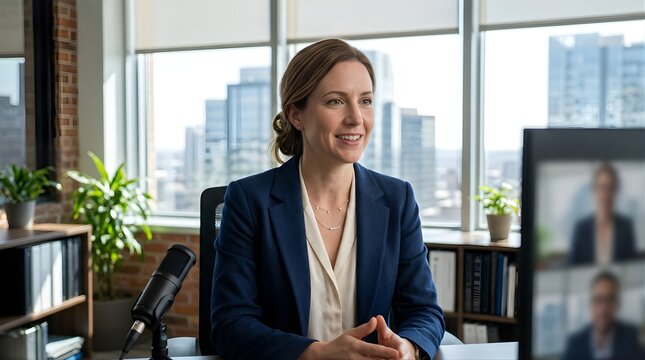 Professional woman smiling during a virtual video meeting in office