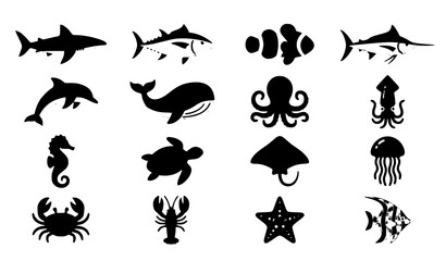 Marine Sea Animals Silhouette Icons Set Ocean Wildlife Vector Collection © Mdabdul