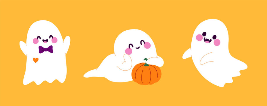 Halloween ghost spooky cute phantom spirit. White flying fiend holding pumpkin wears purple bowtie. Vampire ghoul with fangs waving hand. Kawaii sticker style