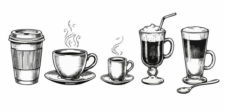 Vintage Hand Drawn Coffee Cups Collection with Takeaway Cup Espresso Cappuccino Latte Macchiato and Irish Coffee Engraving Style Illustration Set