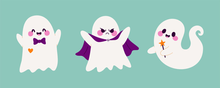 Halloween ghost set. Spooky cute phantom mascot collection. Friendly spirit wearing purple bowtie. Angry character in cape. Happy floating wizard holding magic star wand