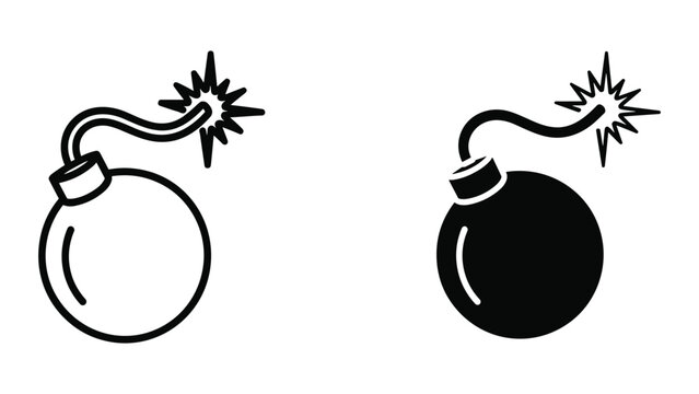Set of bomb icons, cartoon explosive device with burning fuse, vector illustration