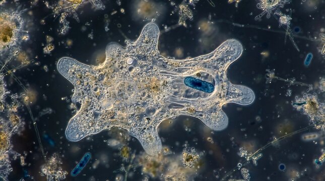 Amoeba engulfing a smaller microbe under a microscope