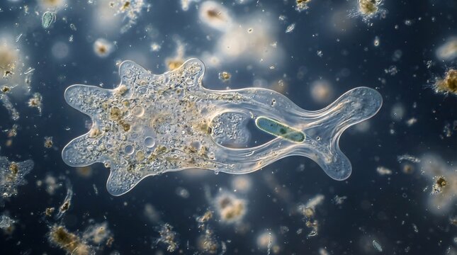 Microscopic amoeba engulfing a smaller organism in water