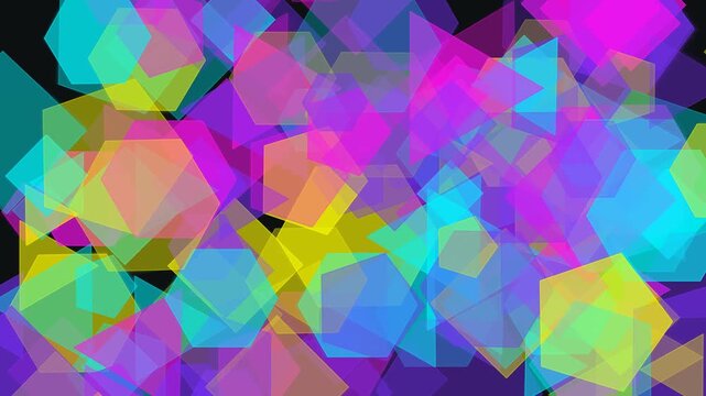 Vibrant Abstract Background Featuring Overlapping Semitransparent Geometric Pentagons and Hexagons in a Multicolored Neon Light Composition