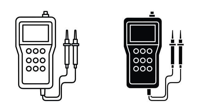 Multimeter icon set, electrical measuring device with probes, digital voltmeter, ammeter, ohmmeter, handheld electronic testing tool, vector illustration isolated on white background