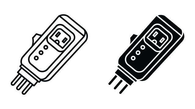 Set of electrical outlet adapter icons, vector illustration of plug converter with multiple pins and socket, isolated on white background