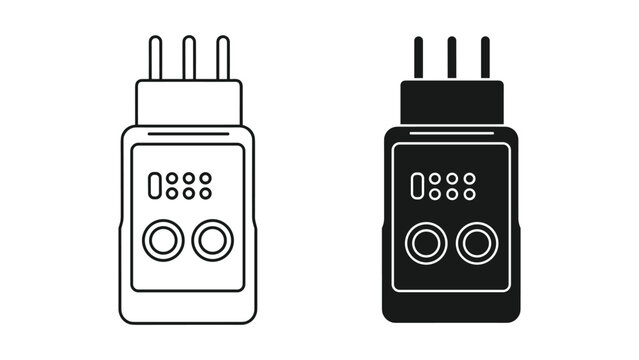 Black and white smart plug or electricity timer icon with digital display and buttons, vector illustration