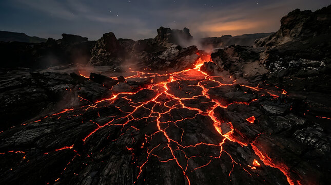 Dramatic Night Landscape Featuring Glowing Molten Lava Flowing Over Volcanic Rock Formations in a Remote Geological Field Scene