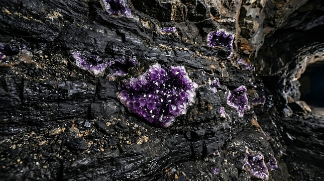 Purple Amethyst Crystals Growing Inside a Dark Stone Mine Cave