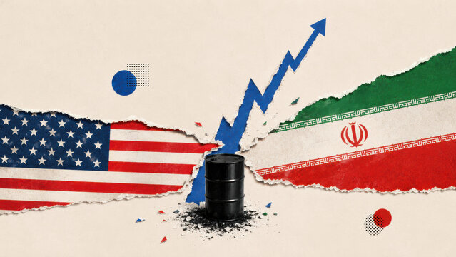 United States and Iran geopolitical conflict collage featuring oil and torn flags symbolizing Middle East energy crisis and political tension