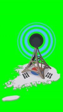 Loopable animation of a telecom tower broadcasting signals over South Korea 3D map. Chroma key green screen with alpha channel. (loopable)
