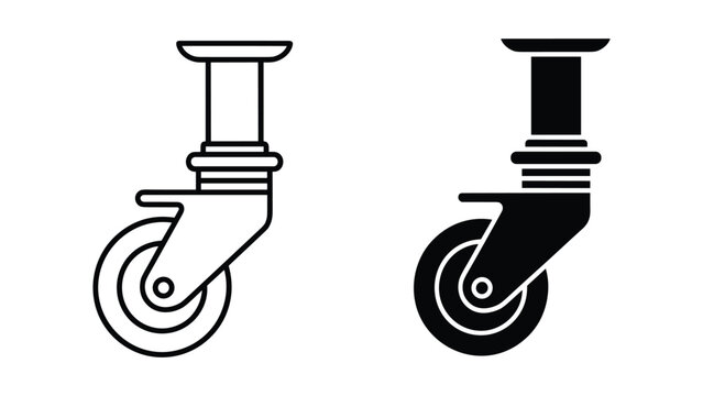 Caster wheel icon set, vector illustration of industrial furniture caster wheels, outline and solid black style, isolated on white background