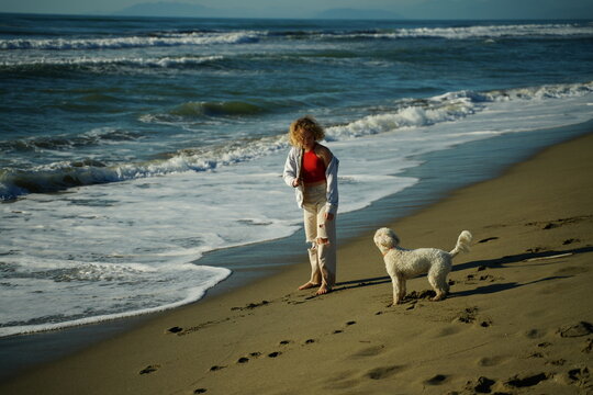 Teen Girl Training Lagotto to Fetch on Beach