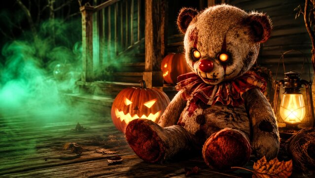 Creepy teddy bear with glowing eyes a spooky Halloween gift. Holiday costume.