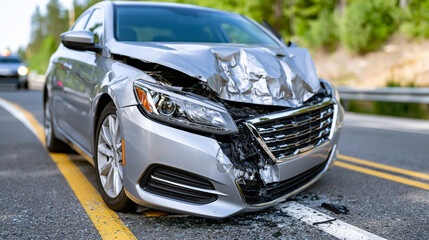 Fototapeta premium Highway roadside scene featuring a damaged silver passenger car after a traffic accident, front end collision damage, emergency stopping lane, realistic automotive incident documentation, authentic 