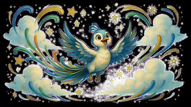 Phoenix fledgling flies through a magical atmosphere filled with glowing golden stars and soft fluffy clouds.