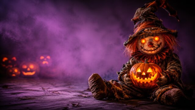 Spooky Halloween clown scarecrow holding a glowing jack-o'-lantern on a wooden floor with purple mist and blurred pumpkins