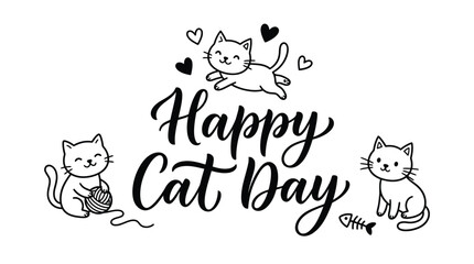 Naklejka premium Cute black and white line art illustration featuring happy cats celebrating international cat day event