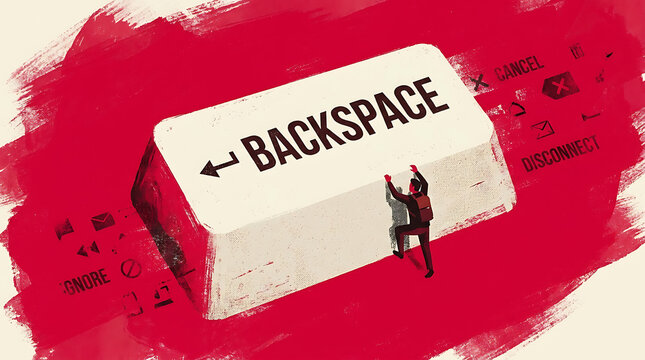 Concept illustration of a business person trying to climb and press a giant backspace computer keyboard key