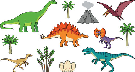 Cute Dinosaur Collection with Brachiosaurus, Stegosaurus, Tyrannosaurus, Velociraptor, Pterodactyl, Volcano, Eggs, and Prehistoric Nature Vector Illustration © MdNazmul