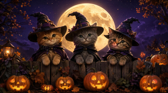 Three cute kittens dressed as witches with hats and capes sit on a fence with pumpkins and a full moon