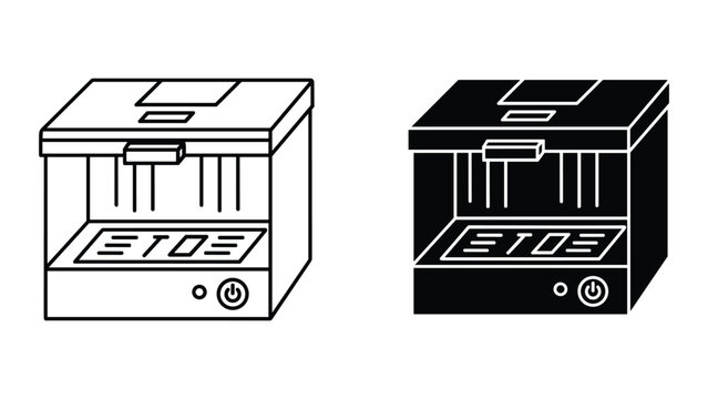3d printer icon set, outline and solid style vector illustration of a desktop resin 3d printer for additive manufacturing and rapid prototyping