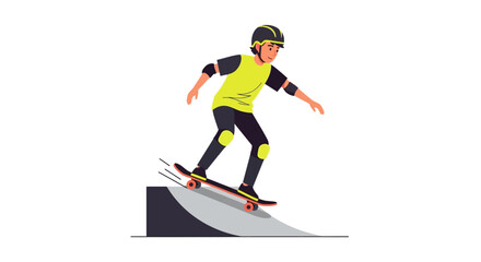 Fototapeta premium Skateboarder Boy Riding on Ramp with Protective Gear, Vector Illustration of Young Skater in Helmet and Pads Isolated on White Background