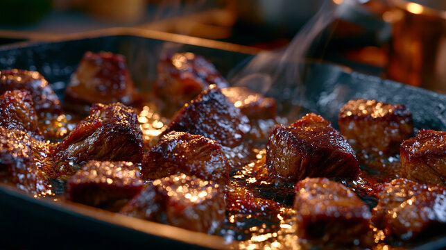 Perfectly diced beef cubes browning in a hot cast iron pan with shimmering oil and rising steam, rustic culinary setting, rich caramelization, authentic home chef preparing a meal, ultra photorealis