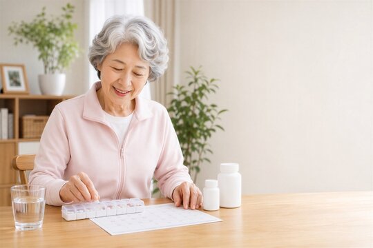 自宅でピルケースとカレンダーを確認する日本人シニア女性
