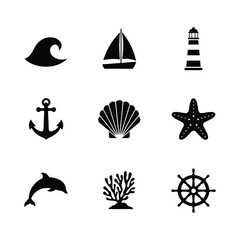 Obraz premium Set of ocean and maritime adventure icons. Vector symbols for travel, boating, and nautical exploration themes.
