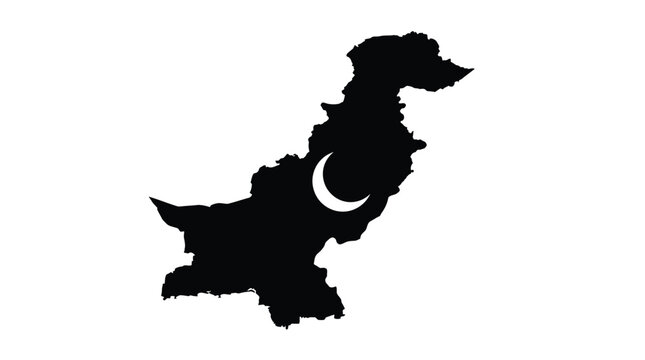 Black silhouette map of Pakistan featuring a white crescent moon and a green star symbol