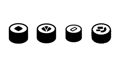 Four black sushi roll silhouette icons for Japanese cuisine restaurant menu isolated on white background vector illustration © MstMomena