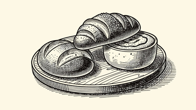 Rustic hand-drawn sketch of freshly baked artisan bread loaves and a flavorful dip served on a charming wooden board, capturing a timeless culinary feel