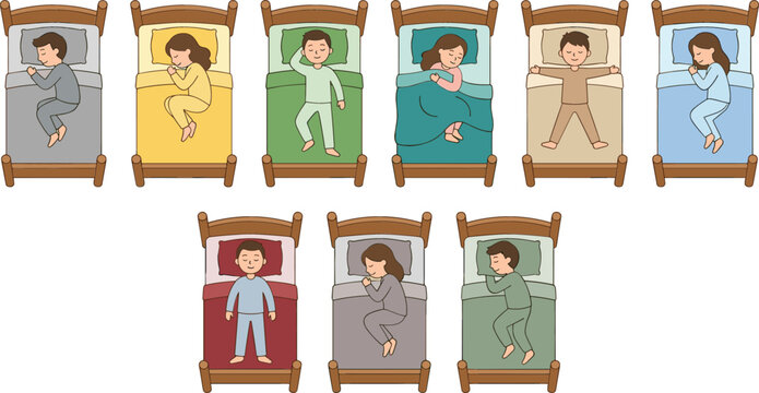 People Sleeping in Beds Vector Character Set Showing Different Sleep Positions and Postures for Health Medical and Lifestyle Info Graphic Designs