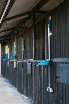 Horse stable cleaning tools hanging on wooden stalls