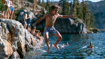 Fototapeta premium Teenage swimmers leap from sun-warmed granite boulders into a glacial mountain lake at summer camp, counselors watching from the shore as rippling water reflects towering peaks and pine forest above