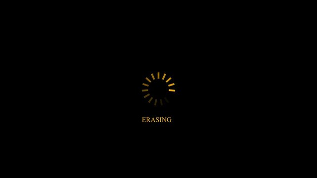 Golden glowing text Erasing with rotating progress wheel loader animation on pitch black background for data deletion security and system cleaning concept video